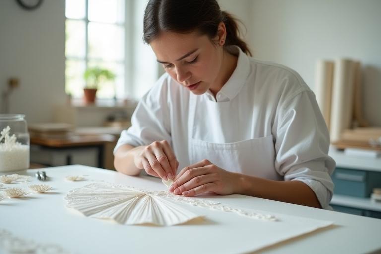 Artisan en plein travail dans l'atelier Rivage Papier, créant une sculpture en papier avec des outils délicats sous une lumière naturelle douce.